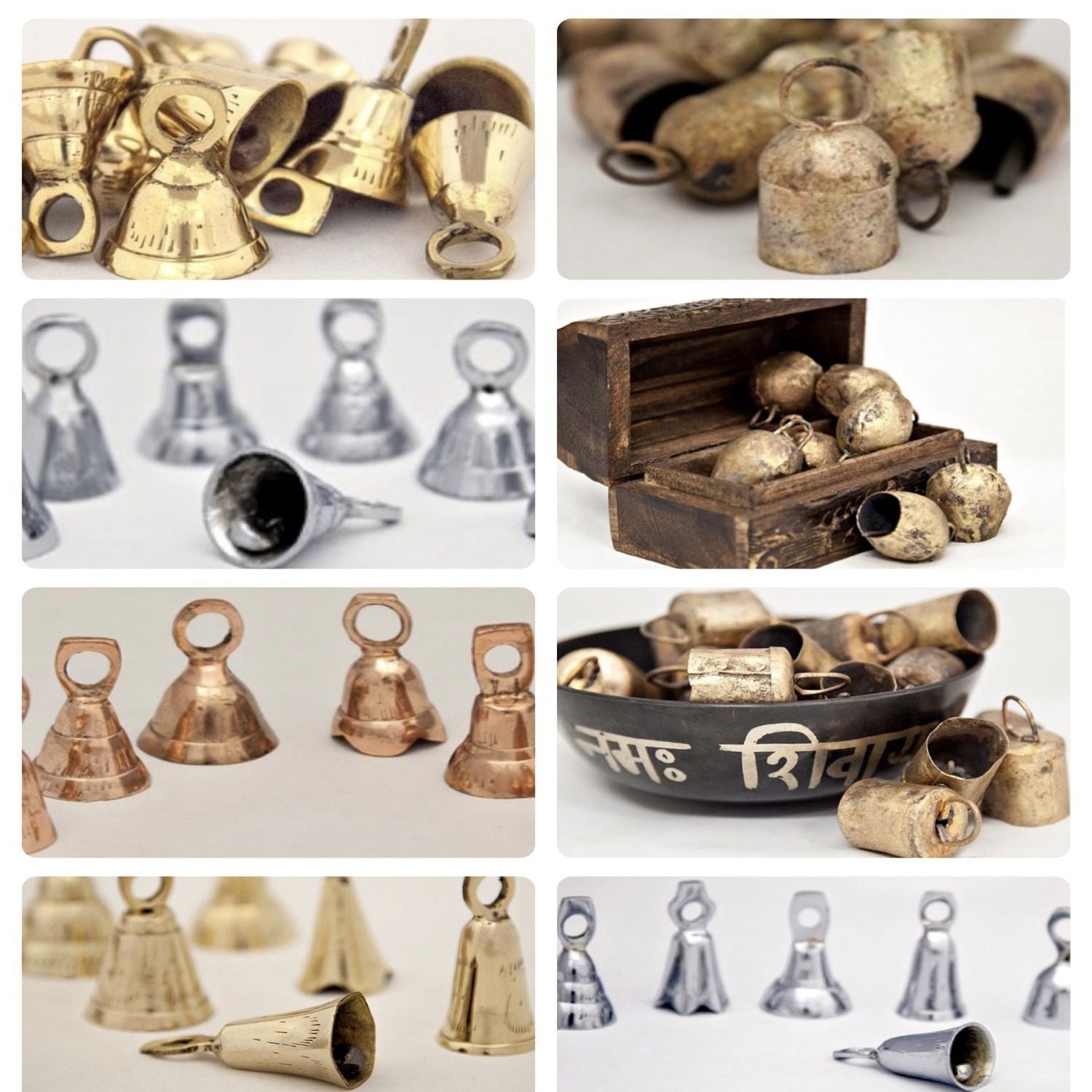 Collage of small brass bells, silver bells, copperbells, small tinbells and tin bells with rounded top