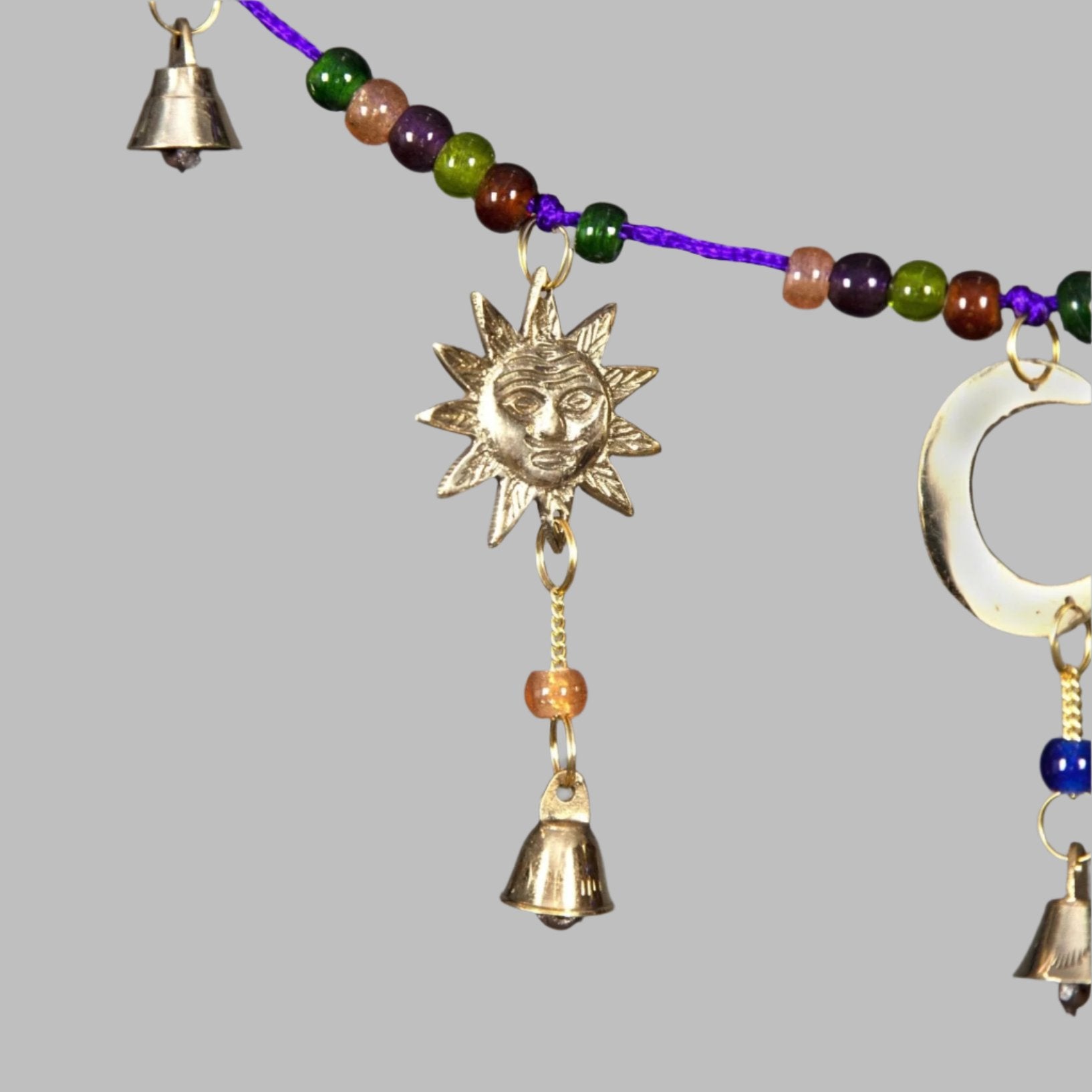 Brass Chime on Cord with Sun - Moon - Star and Glass Beads - Decorative Bells - Bellbazaar.com - BS014