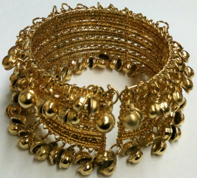 Unique White Metal Cuff Bracelet with Beads & Bell Charms - Intricate & Fashionable Design