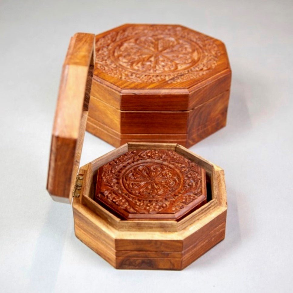Hand Carved Eight Sided Wood Box (set of three) - Household Storage Containers - Bellbazaar.com - WB275